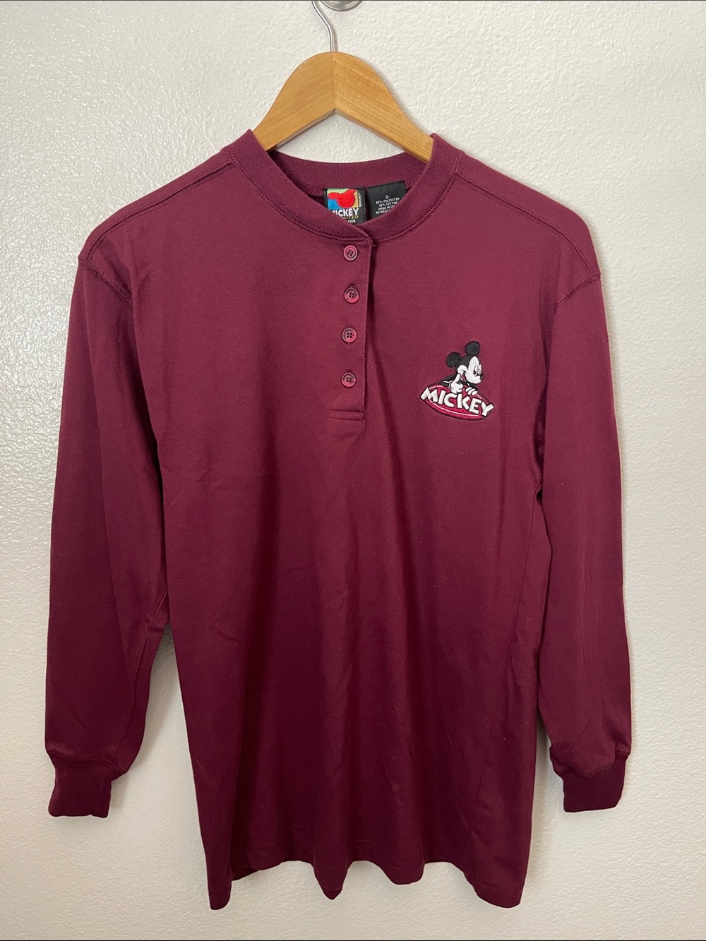Vintage 90s Mickey Mouse unlimited embroidered Henley long sleeve tee maroon